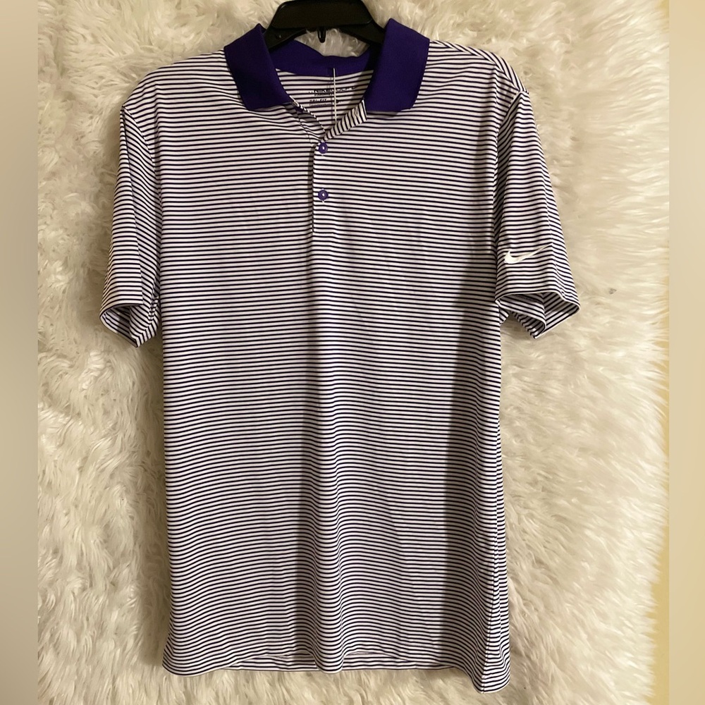 Nike Golf NWT Standard Fit, Dri-Fit Men’s Purple/White Striped Polo Shirt. M